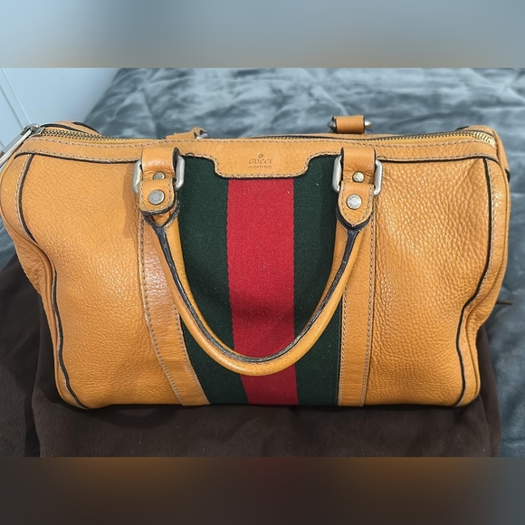 Gucci Handbags - Gucci Tan Leather Bag with Red and Green Stripes